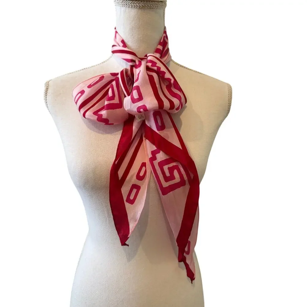 Vintage Anne Klein Silk Chiffon Skinny Neck Scarf Pink Abstract Print
